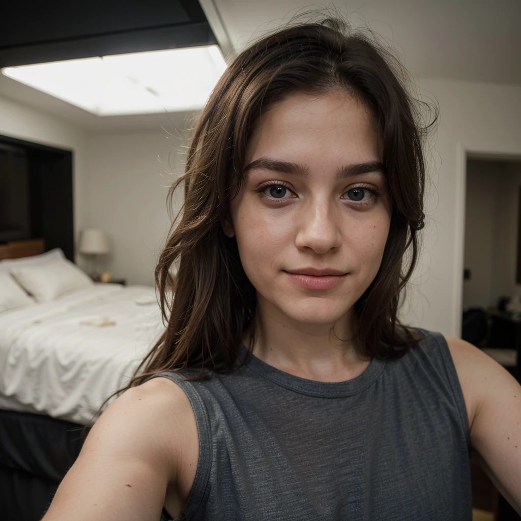 hyperrealistic man Chico Lachowski 20 years old, blonde hair, Blue eyes, in a black T-shirt, take a selfie in bed under the covers. He looks very tired, (medium length hair), night, very dark, shy smile,  one-handed selfie, skin imperfections, skin imperfections 1.33, sleepy, frank vibes, ((low quality selfie photo))