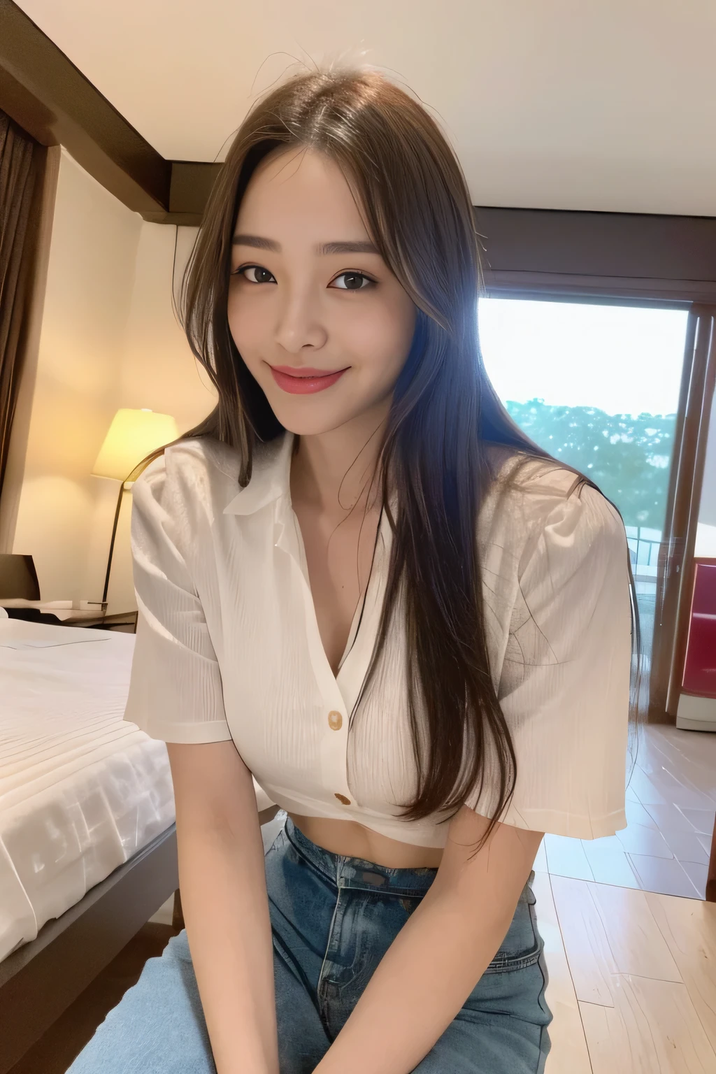 seed:2020674263.((Full body angle:1.1)).((Highest quality, 8K, masterpiece:1.3)), ((from below:1.1)).concentrated:1.2, Perfect body beauty:1.4, Hips:1.2, ((Delicate Hair)), (Colorful button-through crop shirt :1.1) , ((Highest quality、8k、masterpiece:1.3))、1 Girl、A sloppy smile、Esbian all over、Slim face、Big Boobs、Beautiful woman、(Dark Brown Hair)、Long Hair、1.1、Flickering Valley、Detailed eyes、double eyelid、Blurred Background、超Slim face、Smile、Looking down、stroll、