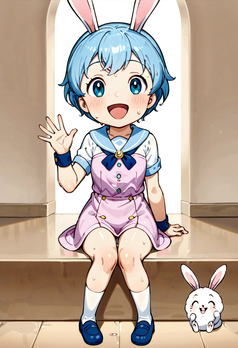 Cute young boy, rabbit ears,rabbit boy, luca,blue hair, blue eyes, cute face, very smail, laughing, nsfw, small breasts, waist, wet spats, cute crotch penis, sitting, full view body, waving at viewer, looking at another, cute face, very smail, laughing, happy,