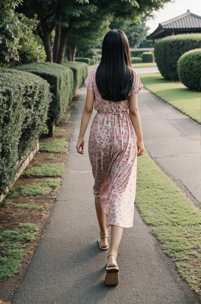 Young Asian woman walking with her back turned