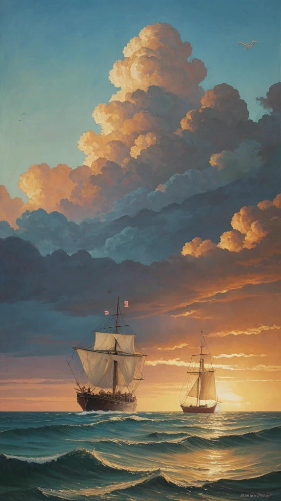 (masterpiece, best quality, oil painting, Greg Rutkowski style:1.3), wide shot of naval conflict, Persian and Greek triremes, (rowers straining against the oars:1.1), soldiers clashing, spears flying, ships entangled, Aegean Sea agitated, setting sun, (fiery red and orange hues mingling with smoky grays:1.2), gritty reality of war, atmospheric, dynamic angle, panoramic view.