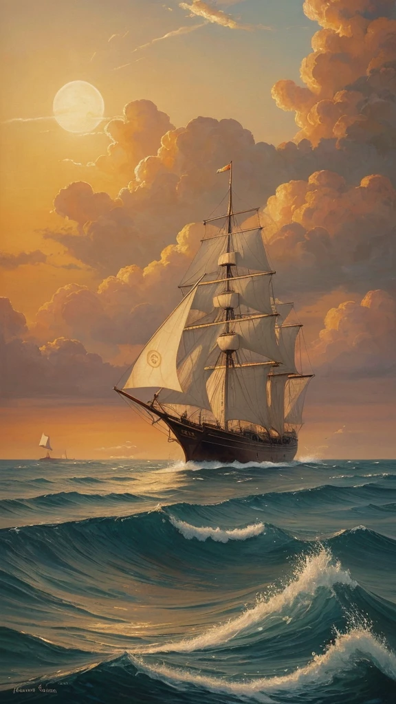 This image depicts a painting of a ship sailing in the oceanOpen in 2 as it happened to Moses, , with Jesus Christ standing on the water in the foreground. Jesus Christ is likely meant to represent Jesus, walking on water with his arms outstretched. The scene is peaceful, with clouds in the sky and a sense of tranquility. The colors in the painting are primarily earthy tones, with accents of warm orange. The image also includes a quote in Spanish from the book of Matthew, emphasizing not to worry about the future. Overall, the image conveys a sense of faith, calmness, and serenity.