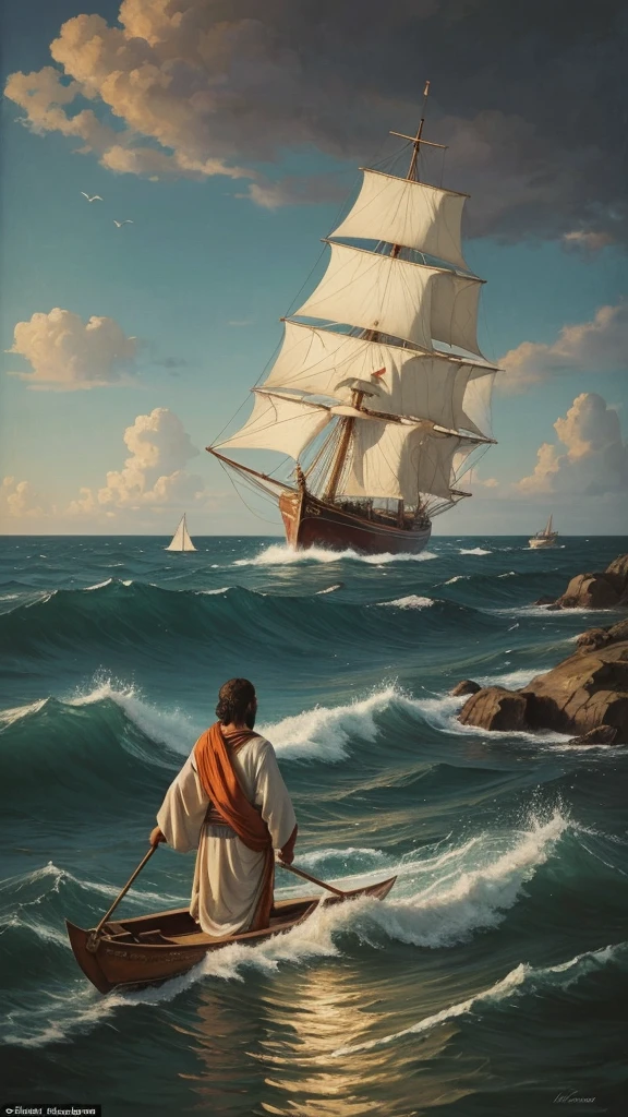 This image depicts a painting of a ship sailing in the oceanOpen in 2 as it happened to Moses, , with Jesus Christ standing on the water in the foreground. Jesus Christ is likely meant to represent Jesus, walking on water with his arms outstretched. The scene is peaceful, with clouds in the sky and a sense of tranquility. The colors in the painting are primarily earthy tones, with accents of warm orange. The image also includes a quote in Spanish from the book of Matthew, emphasizing not to worry about the future. Overall, the image conveys a sense of faith, calmness, and serenity.