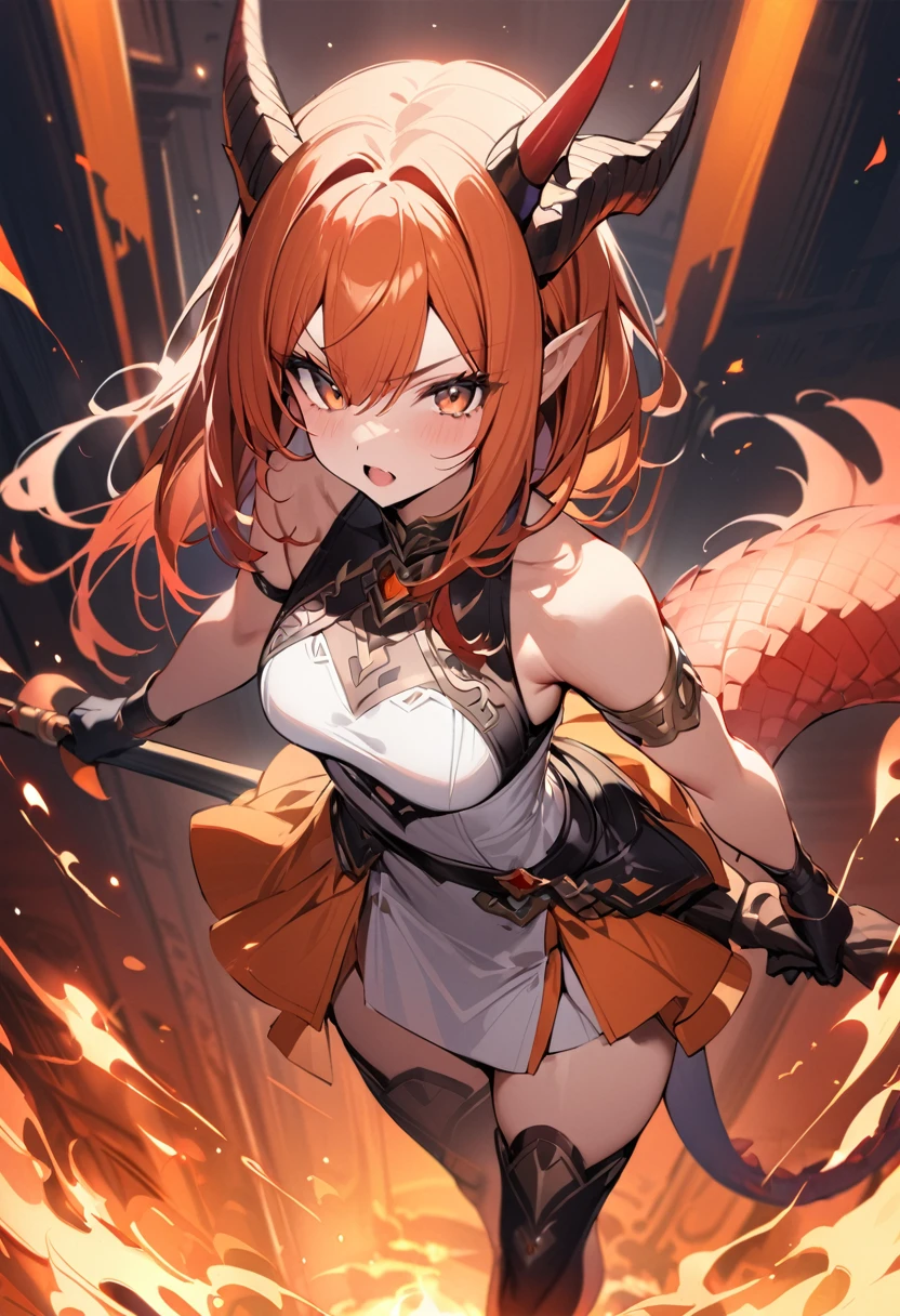 (masterpiece:1.2), (highest quality:1.2), 1girl, fire, solo, tail, horns, dragon-tail, dragon-girl, orange-hair, gloves, dress, holding-polearm, dragon-horns, white-dress, looking-at-viewer, black-gloves, standing, bare-shoulders, full-body, red-hair, bangs, open-mouth, armlet, breasts, brown-eyes, scales, small-breasts, black-footwear, fiery-hair, hair-between-eyes, sleeveless, skirt, sleeveless-dress, jewelry, v-shaped-eyebrows, boots, orange-skirt
