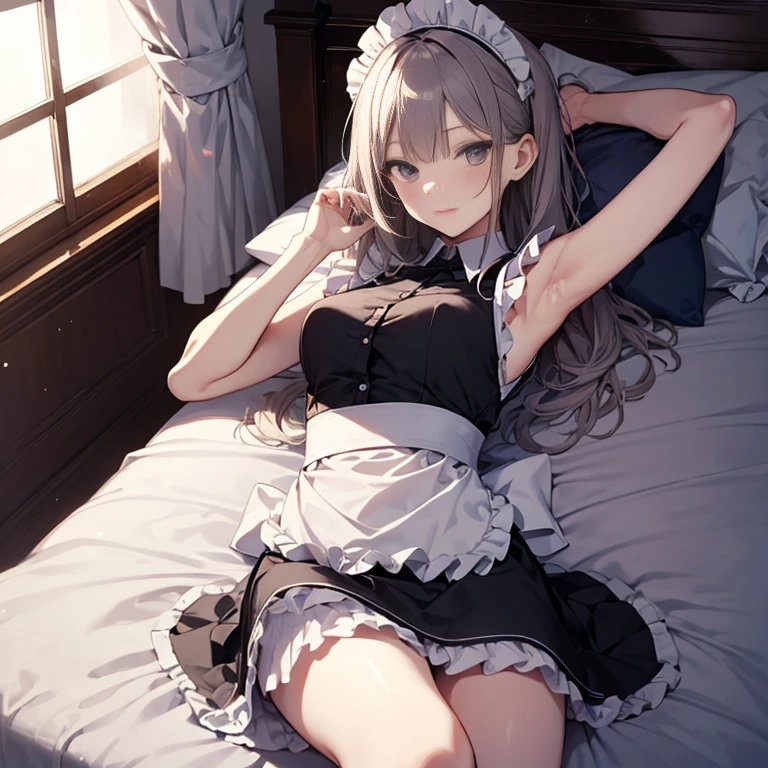 A maid, (in bedroom), various hair styles, night, details face, short skirt, seducing, sleeveless, maid uniform, armpits, laying on bed