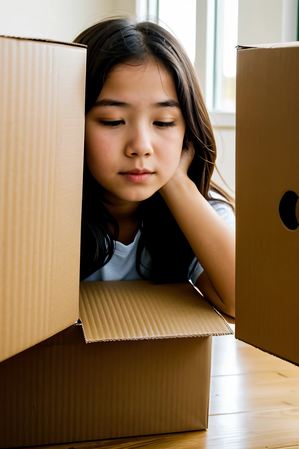 girl hides her head inside a box

