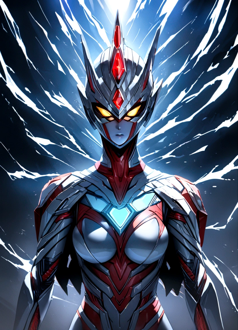 Full Body, 1 giant female in Ninja/Ultraman suit, huge breasts, ultraman helmet mask, facing viewer, no hair, clenched fists, fists up, bright blue circular jewel on her chest, in fighting stance, she has thunder around from your body, you are in a destroyed city with small ships circling around, anime, 16k, UHD, ccurate, anatomically correct, masterpiece, highres, best quality, award winning, high details