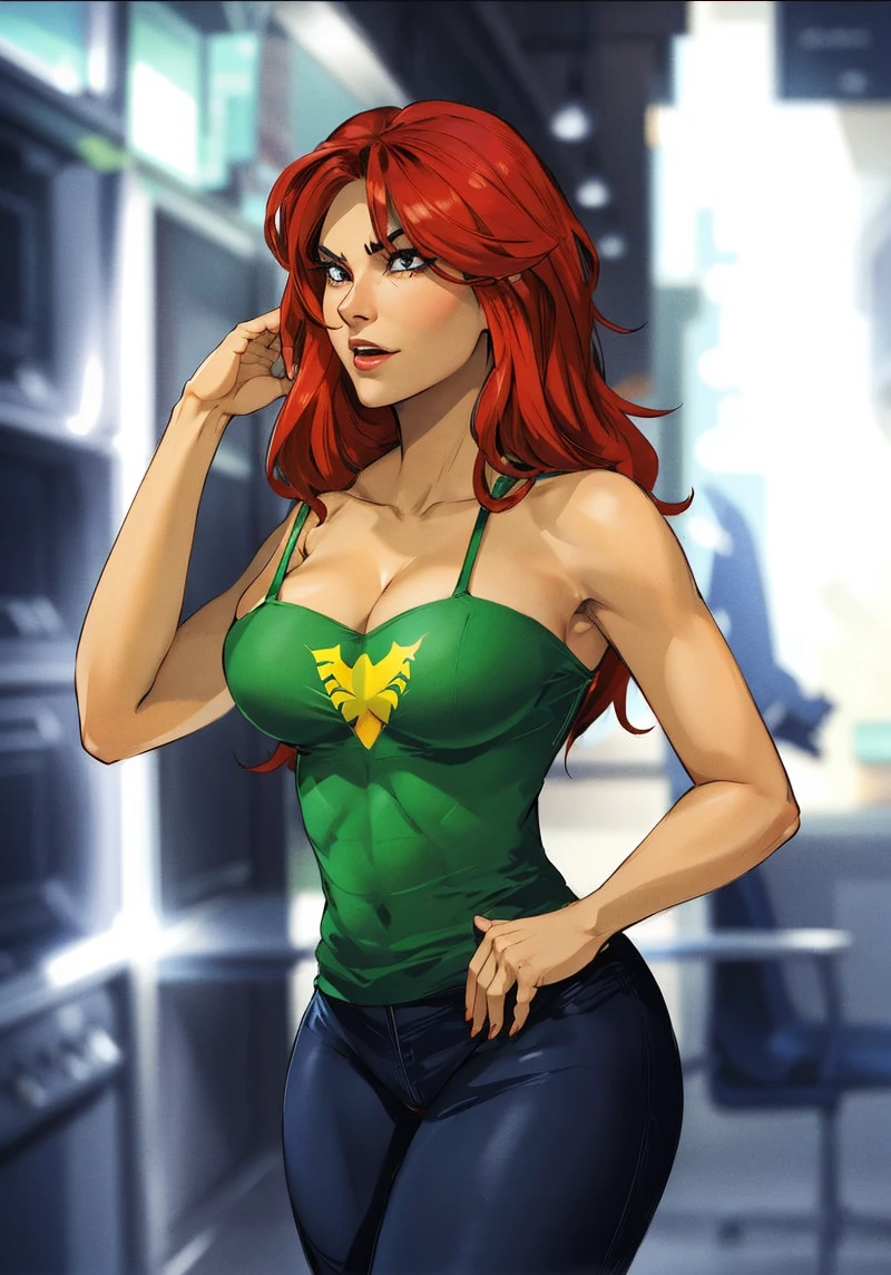 (((Poison Ivy))), (((Superman))), High quality, best quality, masterpiece, (1boy1 1girl), (hetero:1.5), mature woman, curves, long wavy redhead hair, green eyes. cleavage. (((woman wearing slingshot bikini))), woman on top, sfw