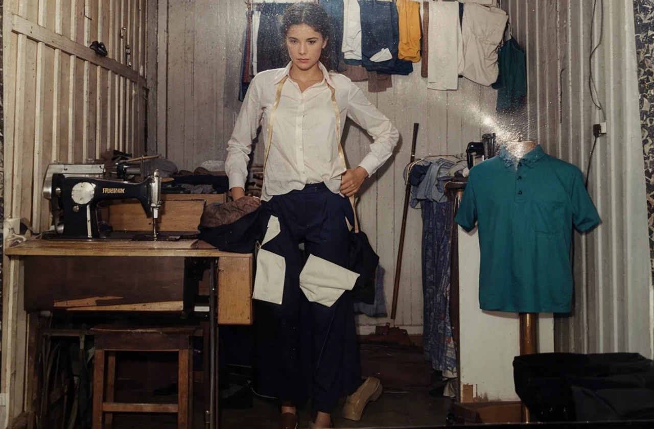 scenery of a tailor shop from the 80s with realistic elements such as shirts and suits. Add only the person I sent in the photo. She might be wearing the same clothes. Everything needs to be realistic.