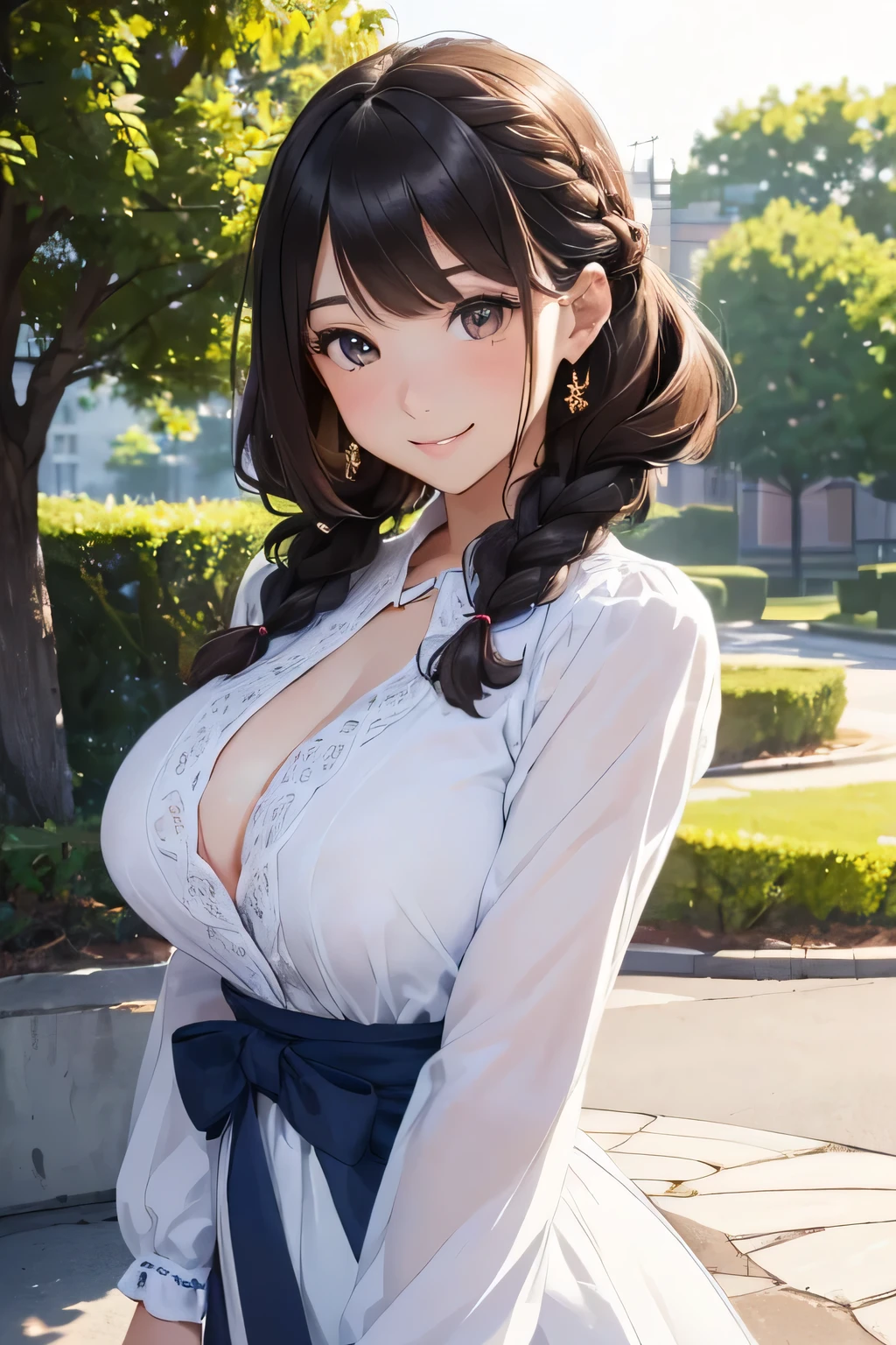 Highest quality、High resolution、Detailed Background、(Beautiful face in every detail:1.4)、Anatomically correct、Hide your fingers、(Detailed facial expressions)、(Detailed eyes:1.2)、Teenage beauty、(Highly detailed face:1.4)、(Huge breasts:1.2)、Cute hair colour、Braided bob cut、Braided long hair、well-groomed eyebrows、Perfect body line、Accentuate your cleavage、A big smile、smile、JK Uniform、very beautiful、Outdoor Spots、(Two beautiful girls taking a selfie with smile:1.5)