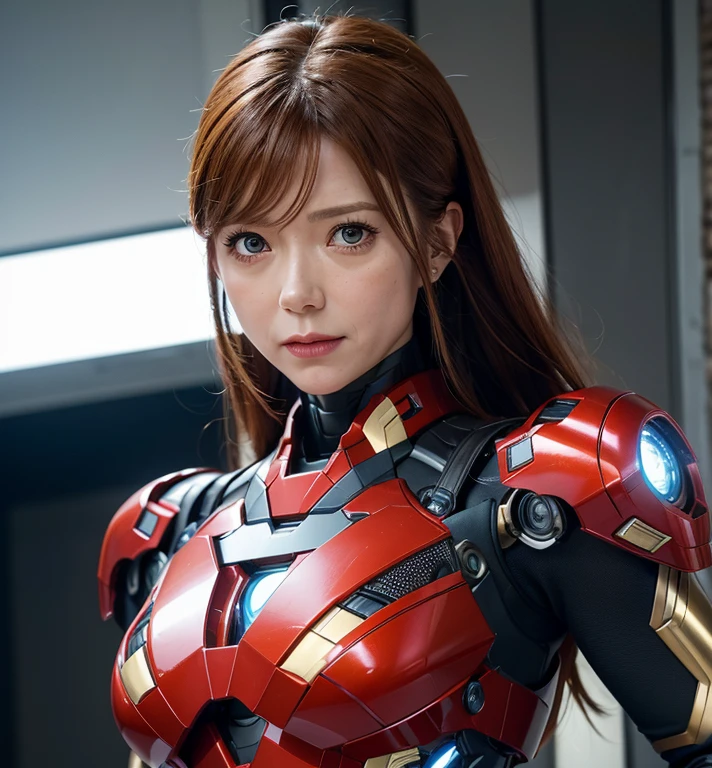 Textured skin, Super Detail, high details, High quality, Best Quality, hight resolution, 1080p, hard disk, Beautiful,(Pepper Potts),(Rescue Armor),beautiful cyborg woman,Mecha Cyborg Girl,Battle Mode,Girl with a Mecha Body,She wears an Iron Man mech,fullllbody