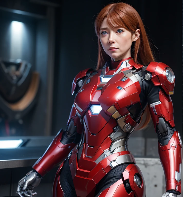 Textured skin, Super Detail, high details, High quality, Best Quality, hight resolution, 1080p, hard disk, Beautiful,(Pepper Potts),(Rescue Armor),beautiful cyborg woman,Mecha Cyborg Girl,Battle Mode,Girl with a Mecha Body,She wears an Iron Man mech,fullllbody