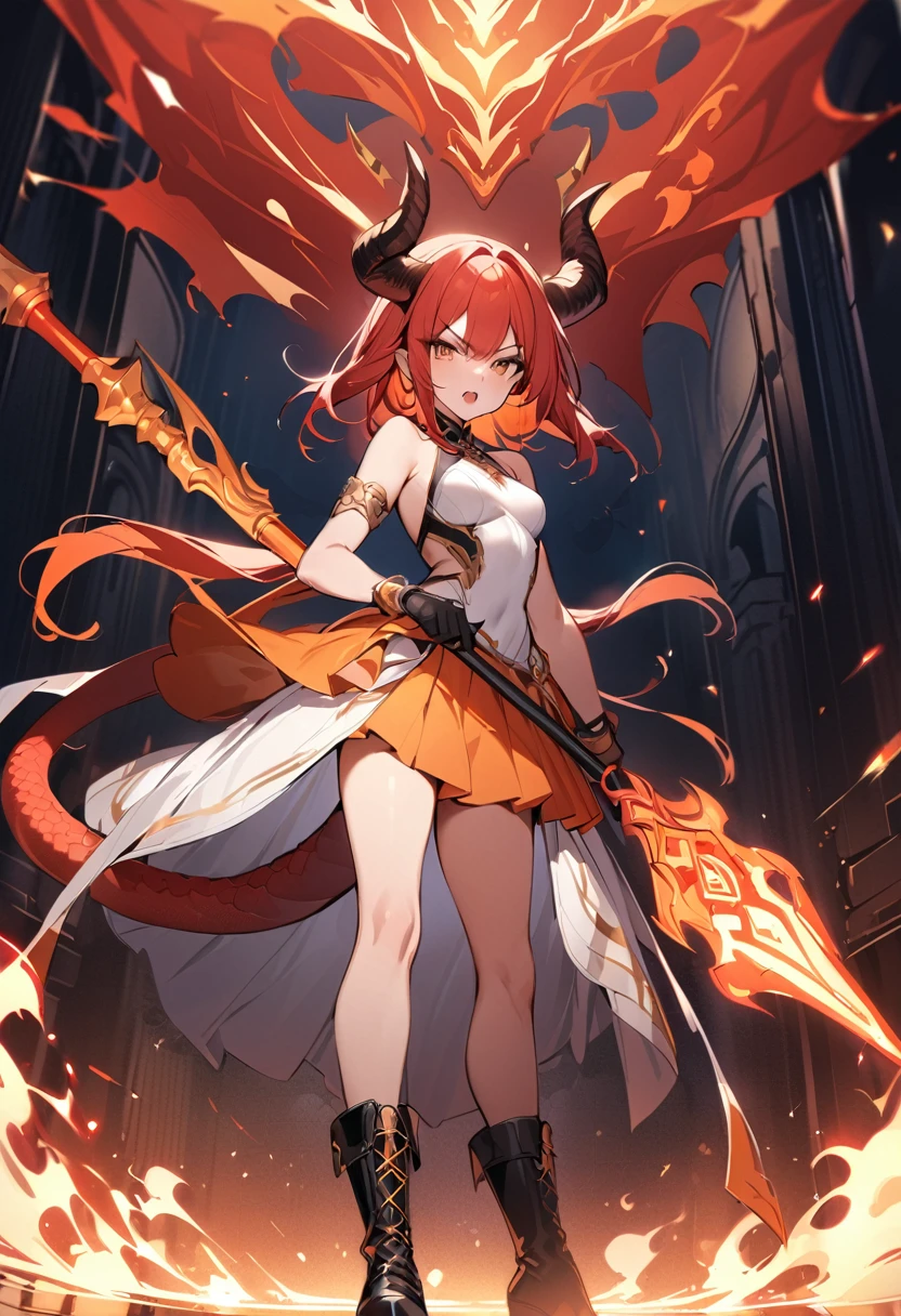 (masterpiece:1.2), (highest quality:1.2), 1girl, fire, solo, holding, tail, weapon, horns, polearm, holding-weapon, dragon-tail, dragon-girl, orange-hair, gloves, dress, holding-polearm, dragon-horns, white-dress, spear, looking-at-viewer, black-gloves, standing, bare-shoulders, full-body, red-hair, bangs, open-mouth, armlet, breasts, brown-eyes, scales, small-breasts, black-footwear, fiery-hair, hair-between-eyes, sleeveless, skirt, sleeveless-dress, jewelry, v-shaped-eyebrows, boots, orange-skirt
