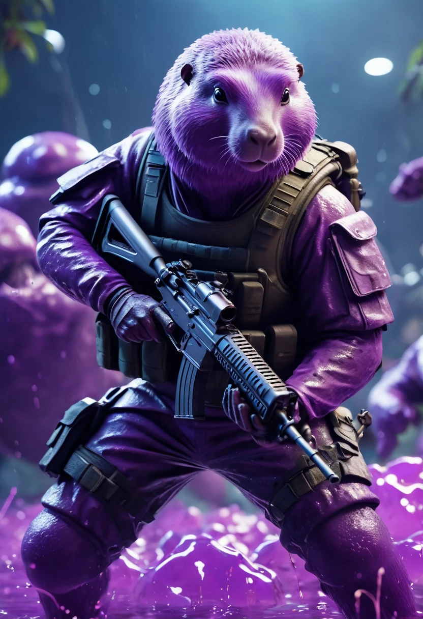 capybara's army, armed with AK-47, with combat uniform, fighting a giant slime, purple slime, 3D image, ultra realistic, unreal engine 5, playstation 5 graphics, extremely specific, 8k resolution, best quality, ultra-detailed, (photorealistic), extremely delicate and beautiful, ultra high res, professional lighting, depth of field, film grain, physically-based rendering,