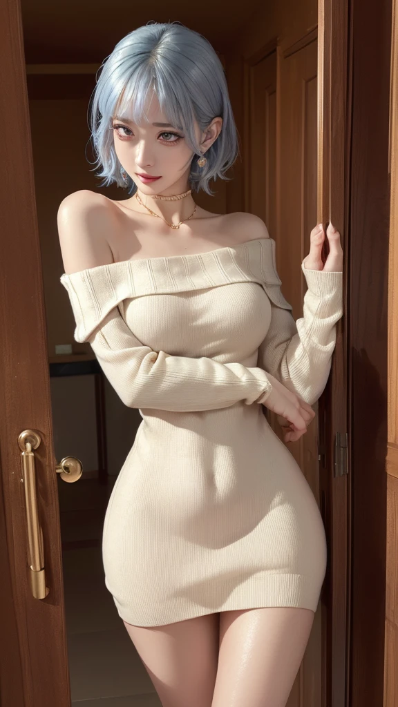 (masterpiece, highest quality, highest quality, Official Art, Beautiful and aesthetic:1.2, Cinematic lighting、Key light at 45 degrees from the front, Fill Light、Soft backlight), 


Beautiful Face、Perfect round ass、The body is slim、Fit and body、Pale skin、Shiny, bright eyes、Long eyelashes、Glossy face、Pervert woman、Beautiful mature woman, 
(Oily skin、Glowing Skin、Realistic skin texture、Beautiful skin in every detail、Shiny skin),

A 23-year-old 、(Cute:1.5)、
 ((Open your mouth:1.2))、masterpiece,highest quality,High resolution,Very detailed,skinny,,((Captivating smile ))、(Pixie short hair、gold & Blue hair), Choker,Many piercings,Big cleavage、(Light-colored off-the-shoulder tight sweater dress:1.5)、,Race,(( Perfect Fingers )) ,  indoor,(Open the front door 1.2),((sexy Gestures:1.5, A flirtatious, sexy face、A sweet, ecstatic face:1.5, Open your mouth and look at me))、Heavy breathing , (Lip gloss, eyelash, terrible face, highest quality, Ultra-high resolution, Wide Lighting, Natural Shading), Absolute area、

Accurate 5-finger、Accurate human body、The perfect human body、The most beautiful face, true to the human body、Correct five-finger、The perfect human body、Someone knowledgeable、Highly detailed face and skin texture、Natural neck length、(beautiful Hands)、beautiful, Slender legs、Straighten two legs、Straighten two arms、(AHEGAO face:1.8, steam:1.2, sweat, Vulgarity:1.3),(((Big Breasts:1.2)))