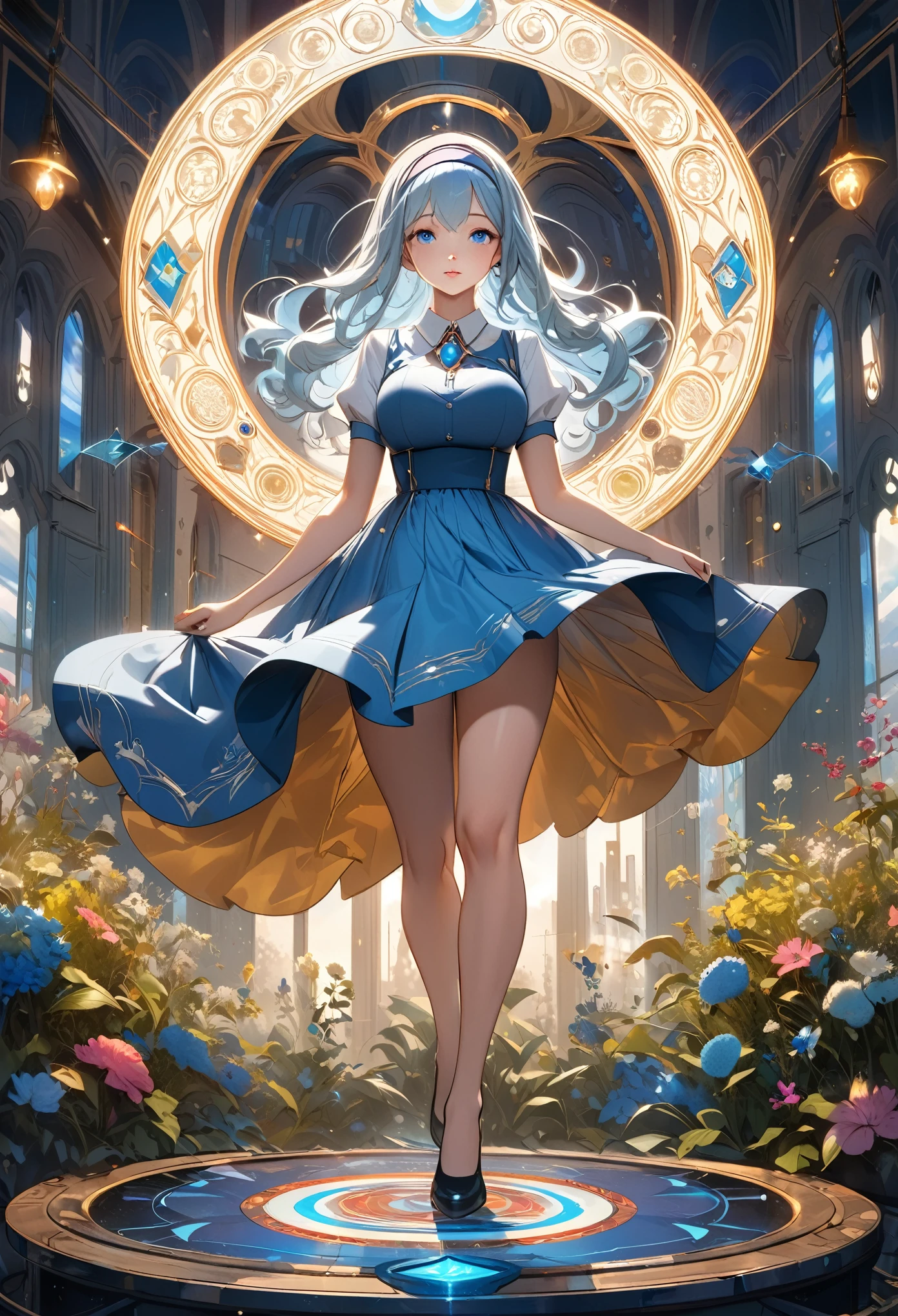 8K resolution, masterpiece, Highest quality, Award-winning works, unrealistic, sole sexly lady, nod: Privates, healthy shaped body, 25 years old, white wavy long hair, Break, Big Blue Eyes, Standard nose, Eyeliner, pink lips,  hair band, big firm bouncing bust, sexly , A pure white school dress with a complex structure, royal coat of arms, elegant, Very detailed, Digital Painting, artステーション, コンセプトart, Smooth, Sharp focus, shape, artジャム、Greg Rutkowski、Alphonse Mucha、William Adolphe Bouguereau、art：Stephanie Law , Royal Jewel, nature, Full Shot, Symmetric, Greg Rutkowski, Charlie Bowwater, beep, Unreal 5, Surreal, Dynamic Lighting, ファンタジーart, Complex colors, Colorful magic circle, flash, dynamic sexly poses