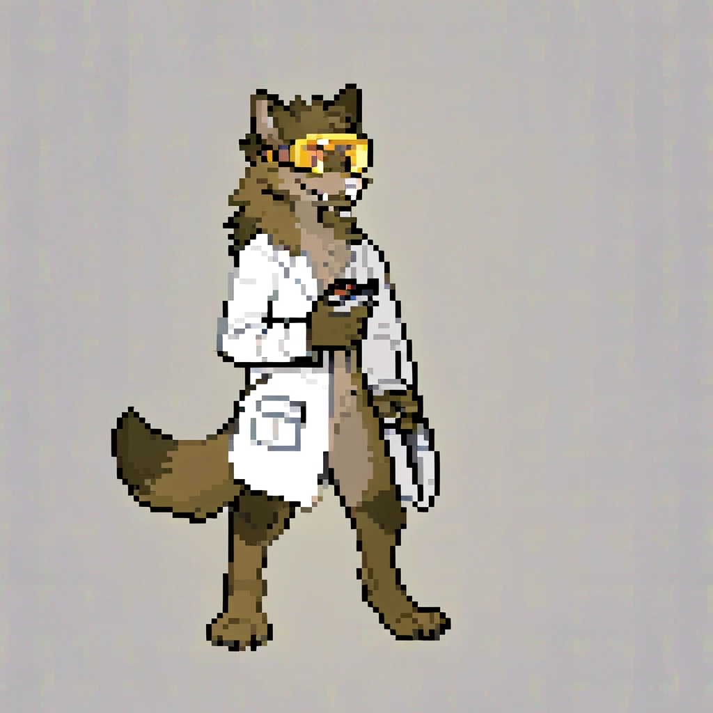 canid, canine, canis, mammal, mythological_canine, were, werecanid, werecanine, werewolf, wolf, anthro, biped, brown_body, brown_fur, white_nose, white_labcoat, yellow_visor, brown_satchel, barefoot, left_hand_holding_pokéball, right_hand_holding_clipboard, standing_straight, standing_upright, male, fingers, fluffy, fluffy_tail, fur, thin_anthro, full_body, solo, digital_media_(artwork), hi_res, masterpiece,