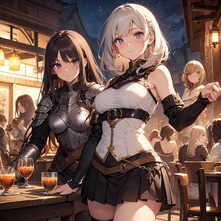 A group of  female medieval fantasy adventurers, (in tavern), various hair styles, harem, night, details face, short skirt, seducing, sleeveless, armor 