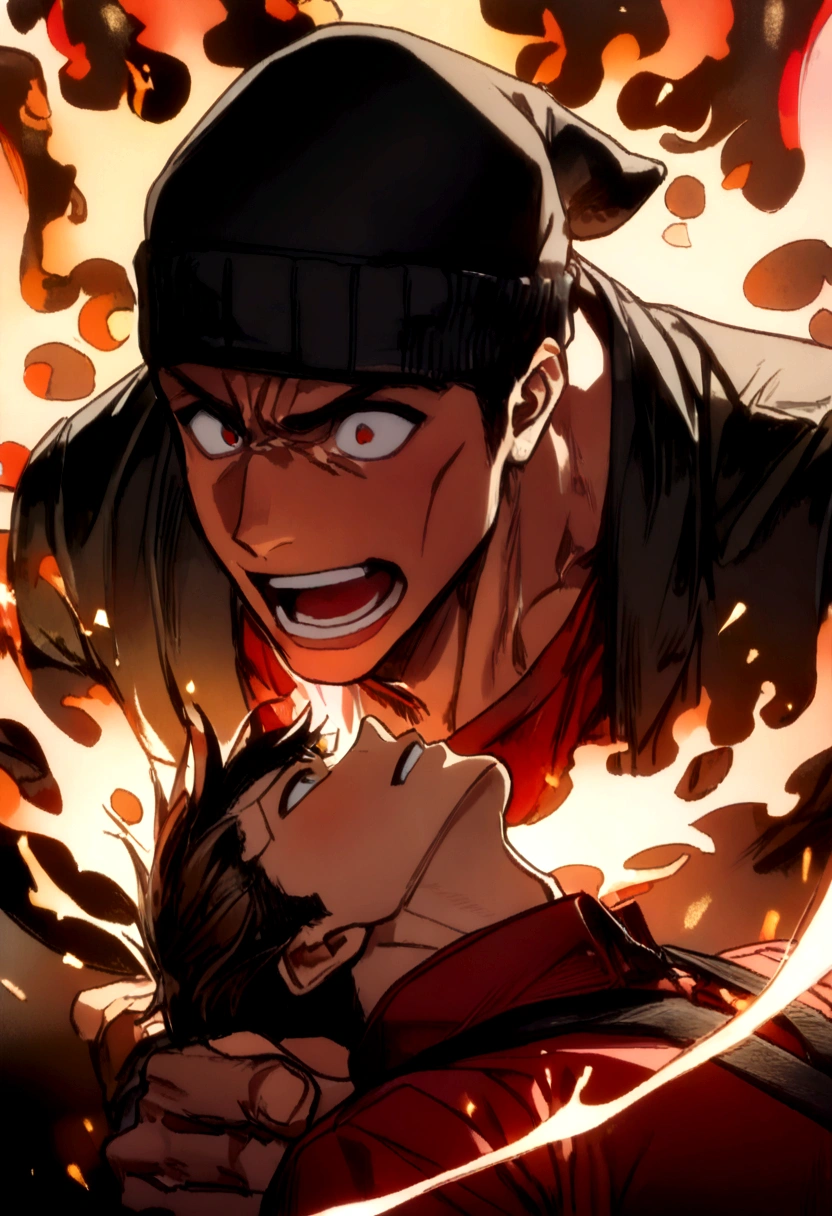 A boy (happy and muscular man with short black hair without a hat and in a red shirt) and at his side another boy (medium long brown hair has a black beanie hat, he has black clothes) and they are both in a background of fire, they are both screaming