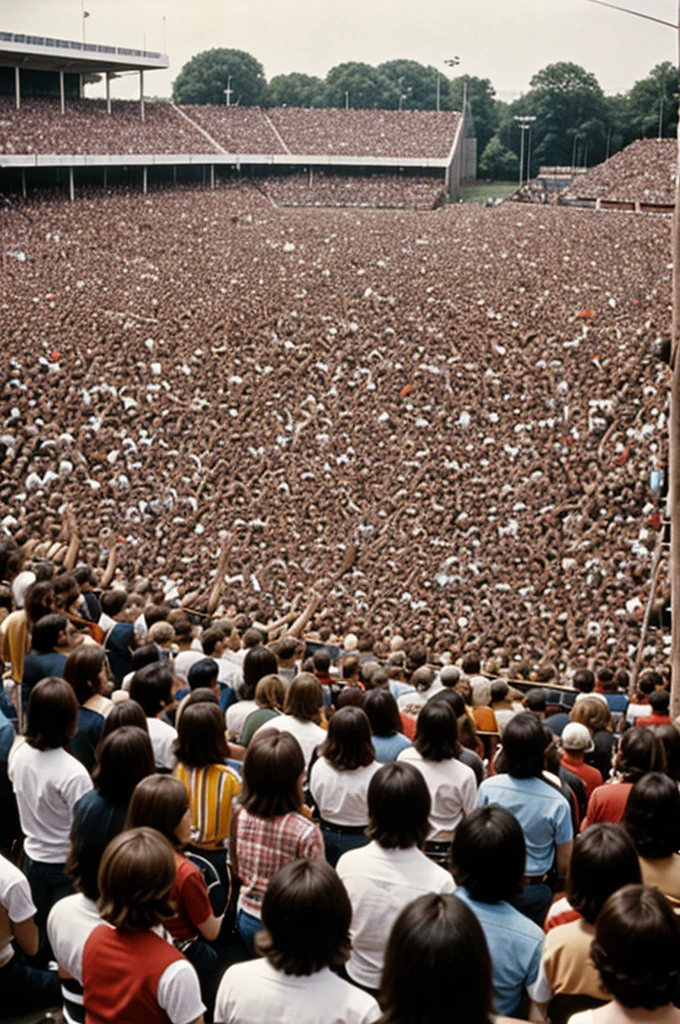 Rockband performing in front of a big crowd in the 70s