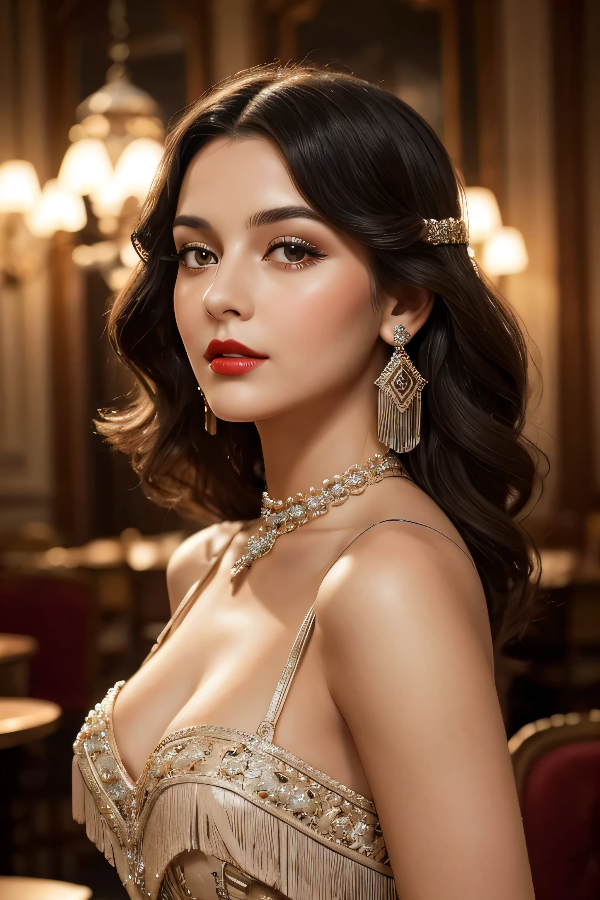 Create a highly realistic and detailed image of a beautiful French woman from 100 years ago. She has elegant, wavy dark hair styled in a vintage fashion, and she is wearing a classic 1920s flapper dress with intricate beadwork and fringe. Her makeup is done in the style of the era, with bold red lips and soft, smoky eyes. She has a graceful, poised expression. The background should evoke the ambiance of early 20th century France, perhaps with a Parisian street scene, a quaint café, or a luxurious interior with Art Deco elements. The lighting should be soft and flattering, emphasizing her timeless beauty.