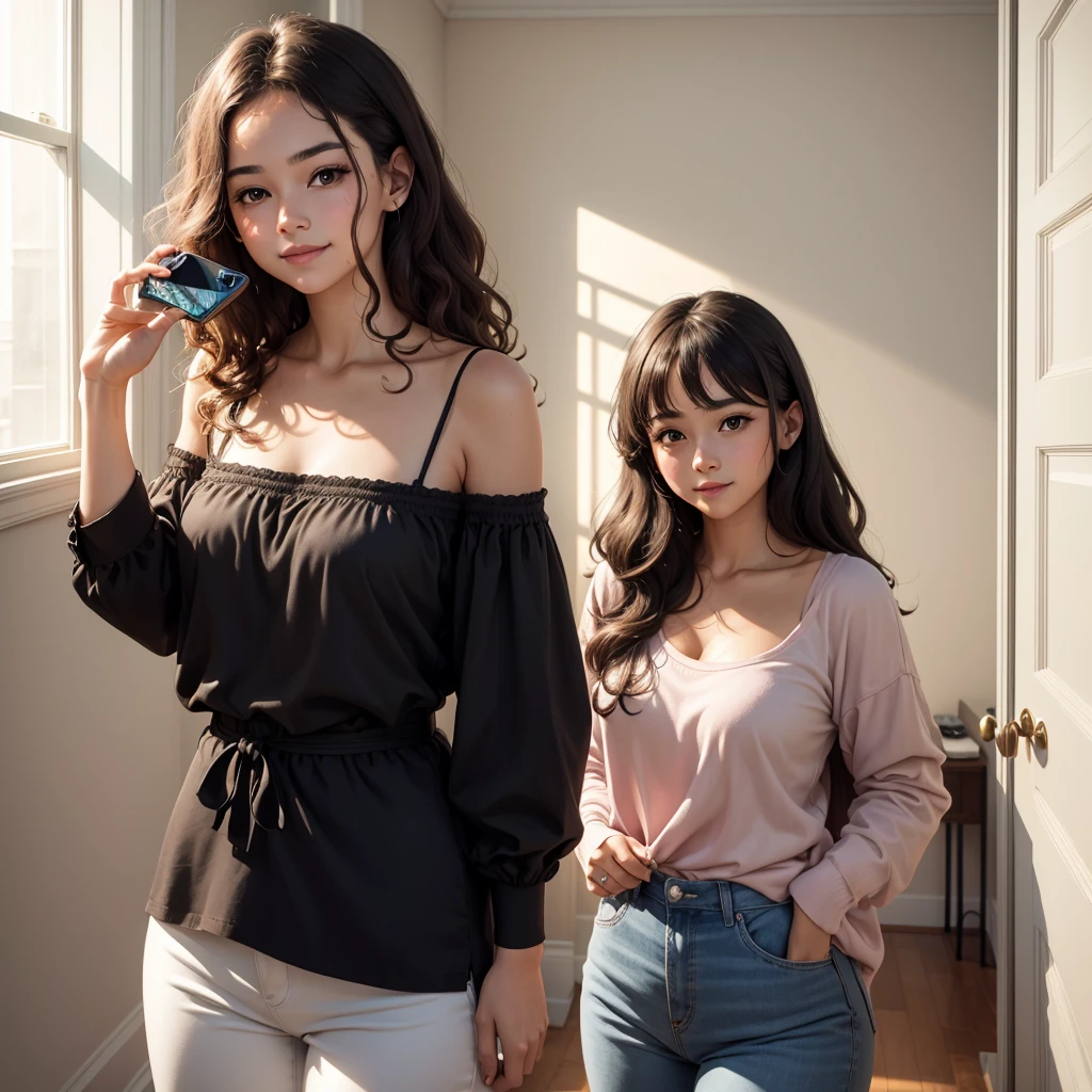 girl, the appearance of long straight hair is brown,dark brown eye,Oval, with slightly prominent cheekbones and a small, straight nose, plump, pink lips,wear glasses,Specifically Korean Asian characteristics,white tank top, gray shorts that is not too short and sitting on a gamer chair in front of a computer, Big chest, thin V-shaped waist, wide hips, thick thighs, big butt,white wallpaper with anime decorations; doll, they will be on a shelf