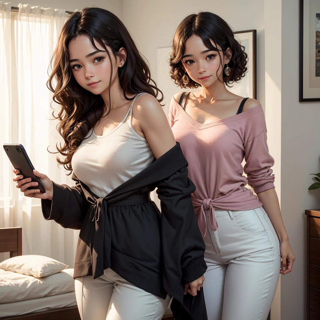 A young woman is taking a selfie in front of a mirror. She has curly brown hair, partially stuck back, leaving some loose curls around the face. She is wearing a short-sleeved black blouse that ties at the waist and white pants.. The young woman is smiling softly and holding a cell phone with a cover decorated with images of money bills. Ao fundo, the room has white walls, gray curtains, a bed with a gray and pink blanket, and a decoration of artificial leaves and flowers hanging on the wall. The lighting is natural, coming from the window on the left.