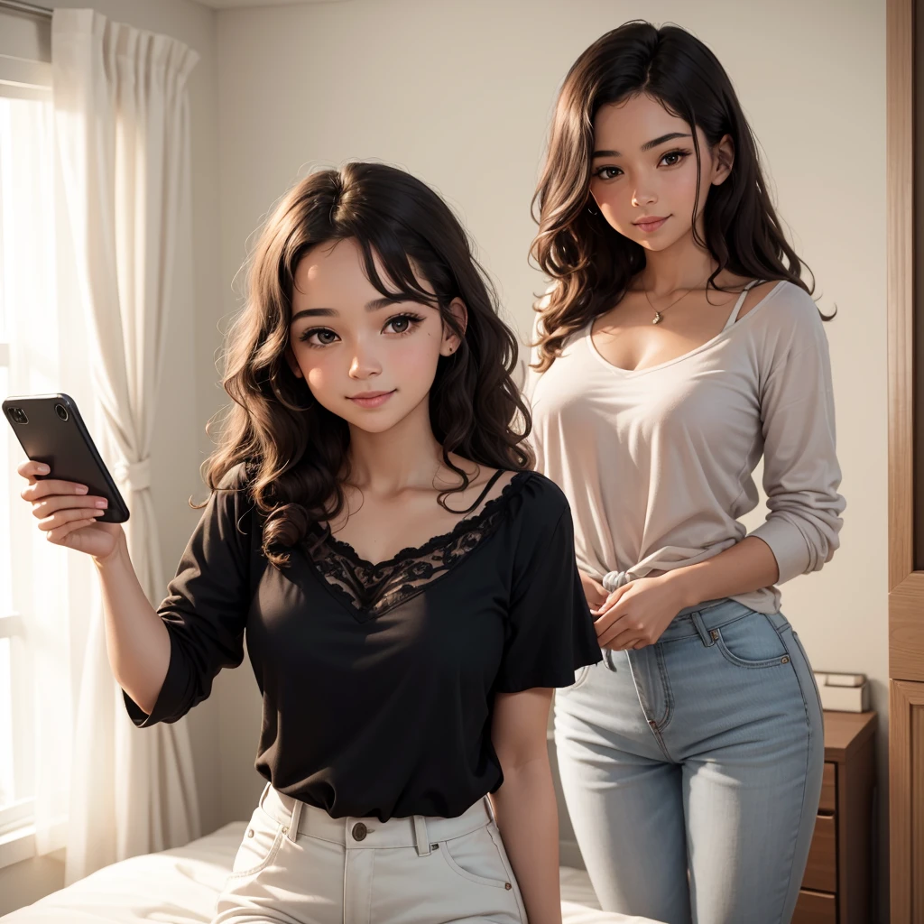 A young woman is taking a selfie in front of a mirror. She has curly brown hair, partially stuck back, leaving some loose curls around the face. She is wearing a short-sleeved black blouse that ties at the waist and white pants.. The young woman is smiling softly and holding a cell phone with a cover decorated with images of money bills. Ao fundo, the room has white walls, gray curtains, a bed with a gray and pink blanket, and a decoration of artificial leaves and flowers hanging on the wall. The lighting is natural, coming from the window on the left.