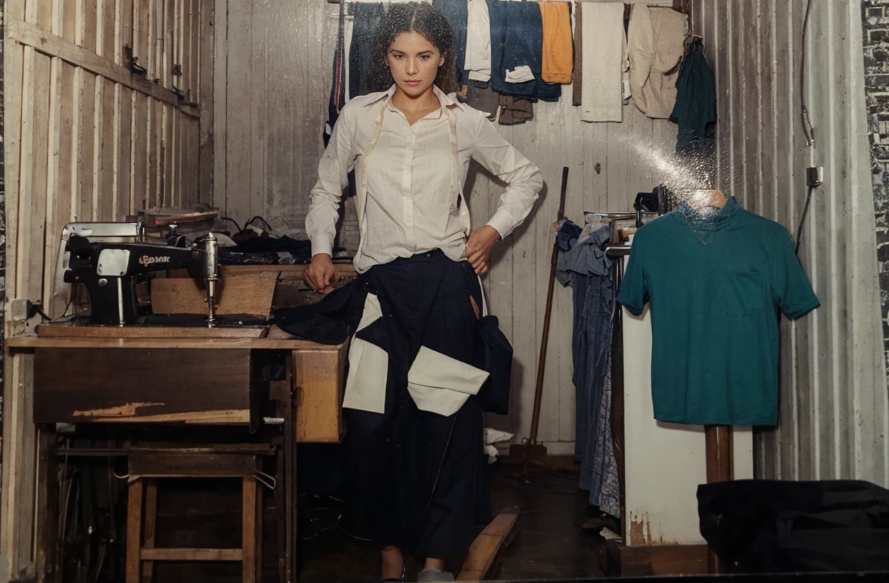 remove the person in the photo I sent and place them in a setting of a tailor shop from the 80s with realistic elements such as shirts and suits. Add only the person I sent in the photo. She might be wearing the same clothes. Everything needs to be realistic.