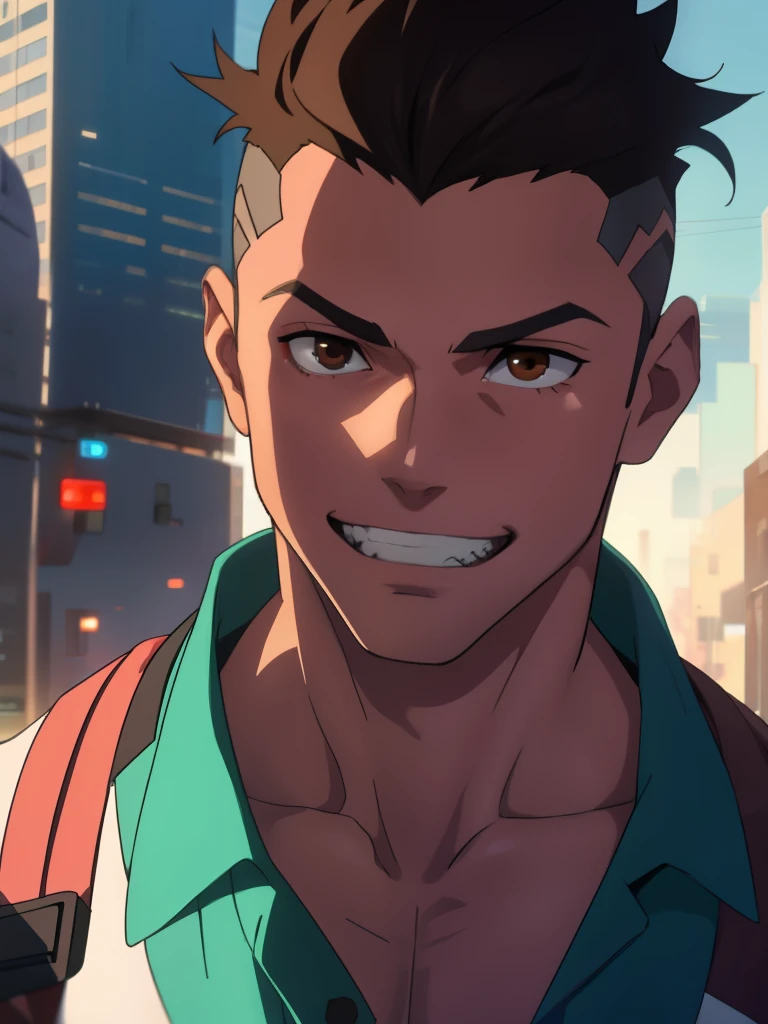 cyberpunk, naked body, muscle man, sex,  david martinez in a futurism city , solo, brown_eyes, anime, black_hair, male_focus, shirt, forehead, clean teeth, close-up, upper_body, 1boy, face 