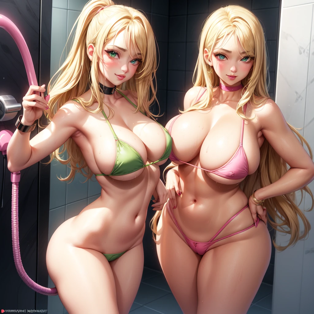 ((1 girls), solo, Big round breasts, trendy, stylish, clevage,, realistic, blonde hair, light green eyes, lip gloss, detailed face, amazing big eyes, eye details, big lips, eyebrow details, pink bikini, blush, confident, dominant, bdsm, smirk, naughty, mischevious face, HD, good quality, curvy, standing up, thick thighs, attractive, amazing body, perfect body, slim thick, shower, bathroom shower water