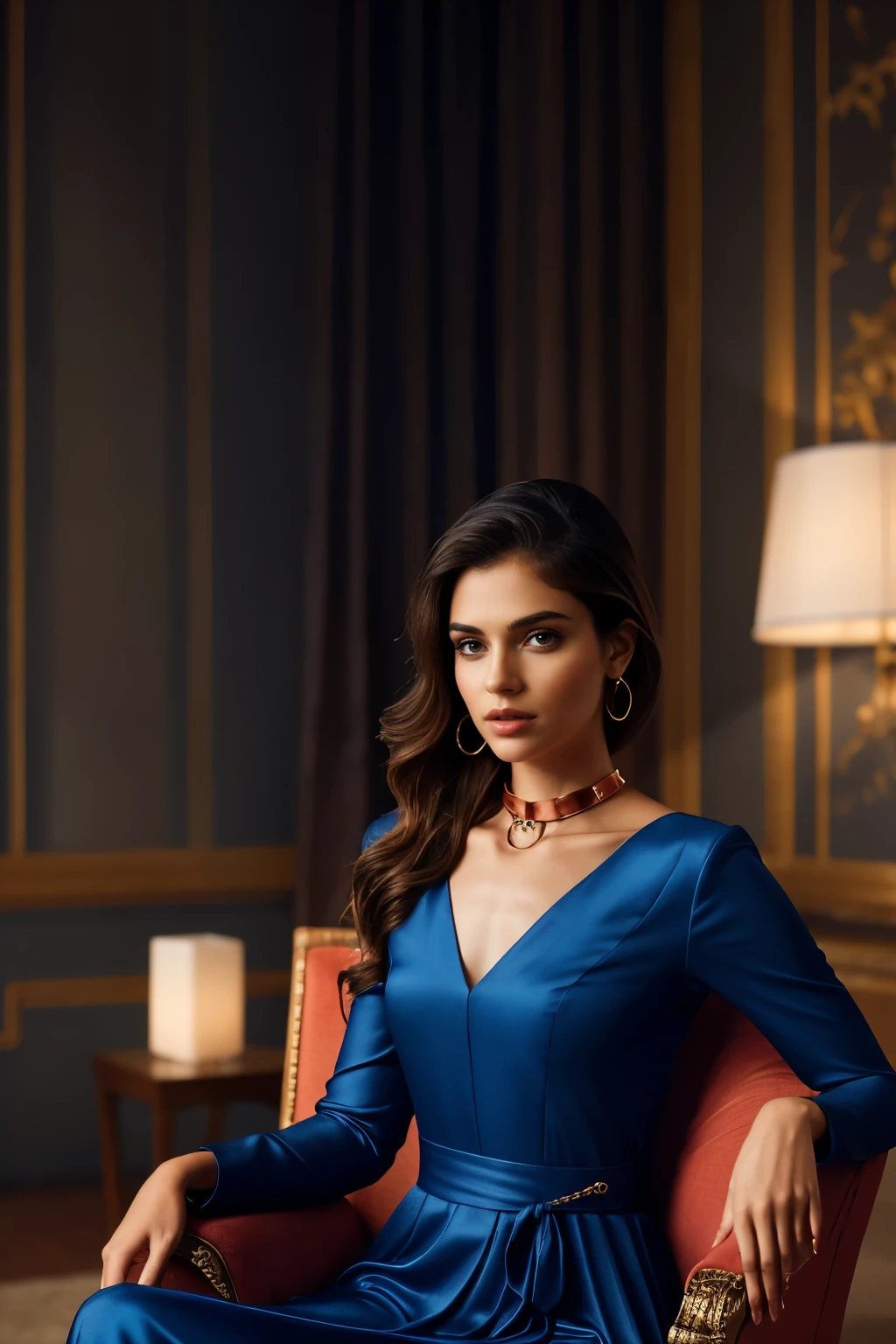 In this photograph, an Indian Instagram female model in her mid-20s sits elegantly in a luxury chair, commanding attention. The background, a 5-star hotel setting, adds to the moody ambiance of a private study. Captured by Lee Jeffries with a Nikon D850 and 4 Kodak Portra 400 film stock, the image boasts rich colors, hyper-realistic details, and lifelike textures. The model wears a stylish copper blue combination jumpsuit self-design fit & flare dress, featuring a sweetheart neck, short puff sleeves, and tie-up detail on the back, enhancing its allure.
The dress flows gracefully above the knee with a flounce hem, crafted from chiffon fabric with an attached lining for comfort. Completing the aesthetic, the model wears a slave collar with a chain around her neck, adding an edgy contrast to the elegant ensemble. Meticulously captured in 8K resolution using cutting-edge techniques such as Cinema 4D and Octane Render, the photograph exudes a highly detailed and photorealistic quality. Studio lighting, HDR, and a smoky mist further enhance the captivating ambiance, while the bokeh effect adds an artistic touch to the composition.