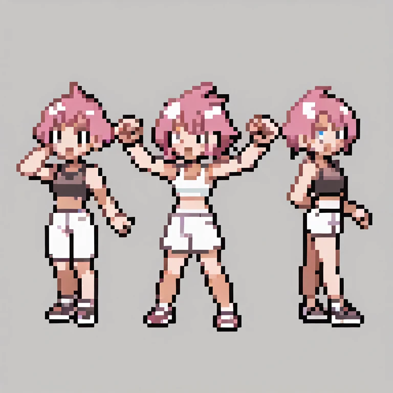 ((56x56 sprite)), ((56x56 trainer sprite pixelart)),masterpiece, best quality, 1girl, gen2, pokeball, fullbody, claw_pose, animal ears, dog ears, white crop top, pink hair, short hair, mococo abyssgard