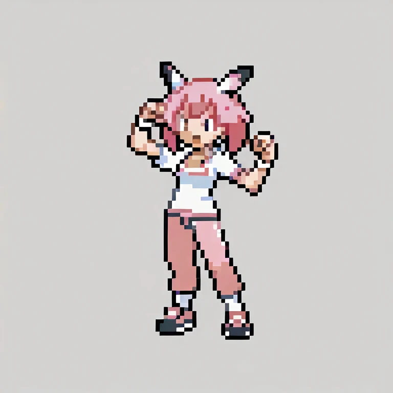 ((56x56 sprite)), ((56x56 trainer sprite pixelart)),masterpiece, best quality, 1girl, gen2, pokeball, fullbody, claw_pose, animal ears, dog ears, white crop top, pink hair, short hair, mococo abyssgard