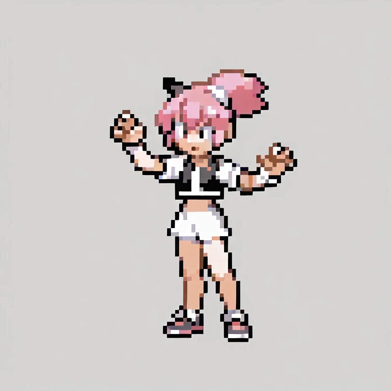 ((56x56 sprite)), ((56x56 trainer sprite pixelart)),masterpiece, best quality, 1girl, gen2, pokeball, fullbody, claw_pose, animal ears, dog ears, white crop top, pink hair, short hair, mococo abyssgard