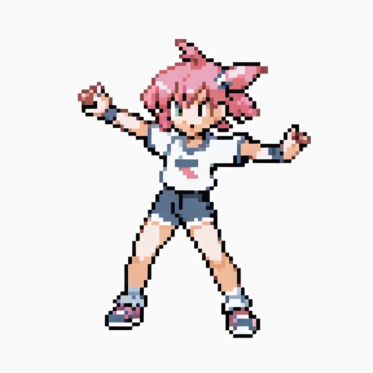 ((56x56 sprite)), ((56x56 trainer sprite pixelart)),masterpiece, best quality, 1girl, gen2, pokeball, fullbody, claw_pose, animal ears, dog ears, white crop top, pink hair, short hair, mococo abyssgard