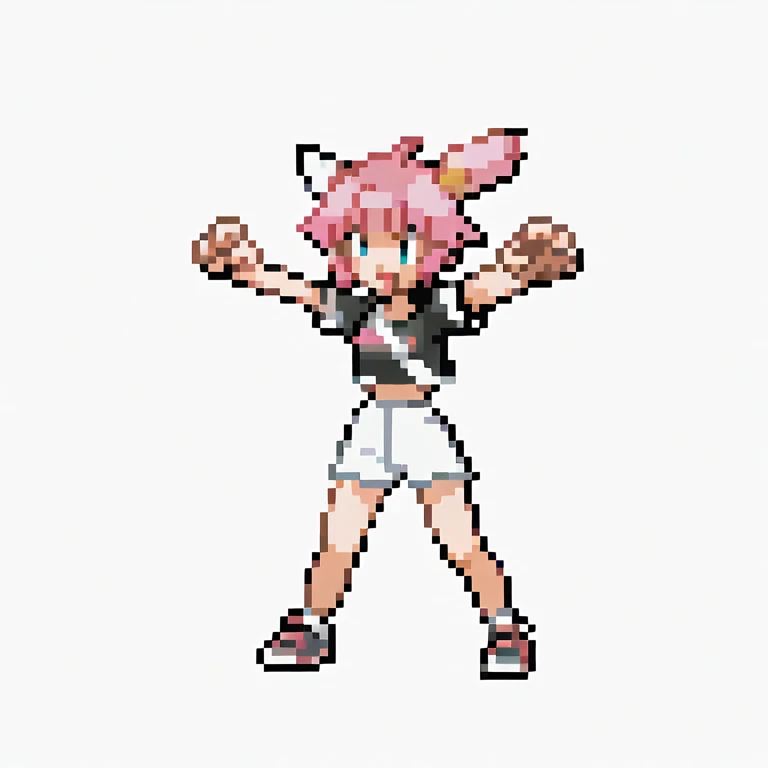 ((56x56 sprite)), ((56x56 trainer sprite pixelart)),masterpiece, best quality, 1girl, gen2, pokeball, fullbody, claw_pose, animal ears, dog ears, white crop top, pink hair, short hair, mococo abyssgard