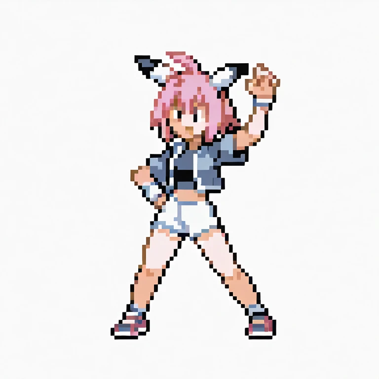 ((56x56 sprite)), ((56x56 trainer sprite pixelart)),masterpiece, best quality, 1girl, gen2, pokeball, fullbody, claw_pose, animal ears, dog ears, white crop top, pink hair, short hair, mococo abyssgard