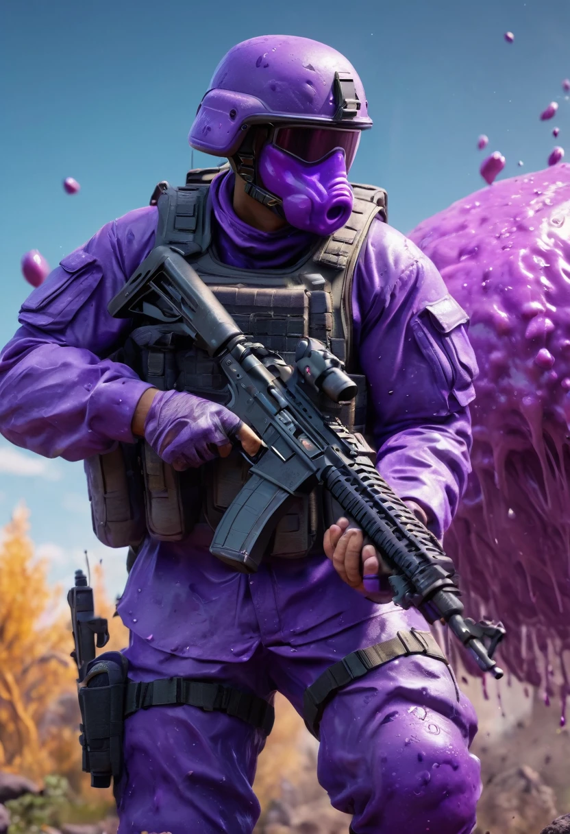 dog's army, armed with AK-47, with combat uniform, fighting a giant slime, purple slime, 3D image, ultra realistic, unreal engine 5, playstation 5 graphics, extremely specific, 8k resolution, best quality, ultra-detailed, (photorealistic), extremely delicate and beautiful, ultra high res, professional lighting, depth of field, film grain, physically-based rendering,