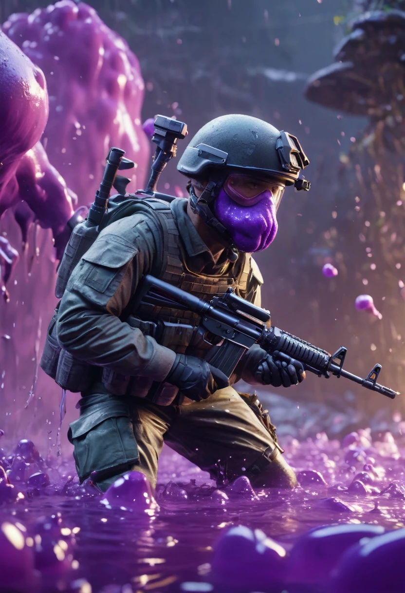 dog's army, armed with AK-47, with combat uniform, fighting a giant slime, purple slime, 3D image, ultra realistic, unreal engine 5, playstation 5 graphics, extremely specific, 8k resolution, best quality, ultra-detailed, (photorealistic), extremely delicate and beautiful, ultra high res, professional lighting, depth of field, film grain, physically-based rendering,