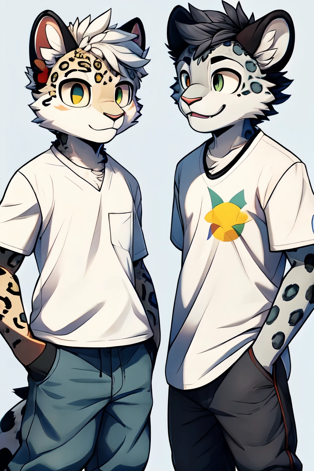 ((Two separate characters))
first character -> White Dragon, gray shirt, Simple pants according to character -> Snow Leopard, white shirt, Short Simples