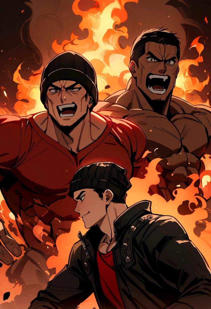 A boy (muscular man with short black hair without a hat and with a red shirt) and at his side another boy (medium long brown hair has a black beanie hat, he has black clothes) and they are both in a background of fire, both of them have an angry face, smiling. 