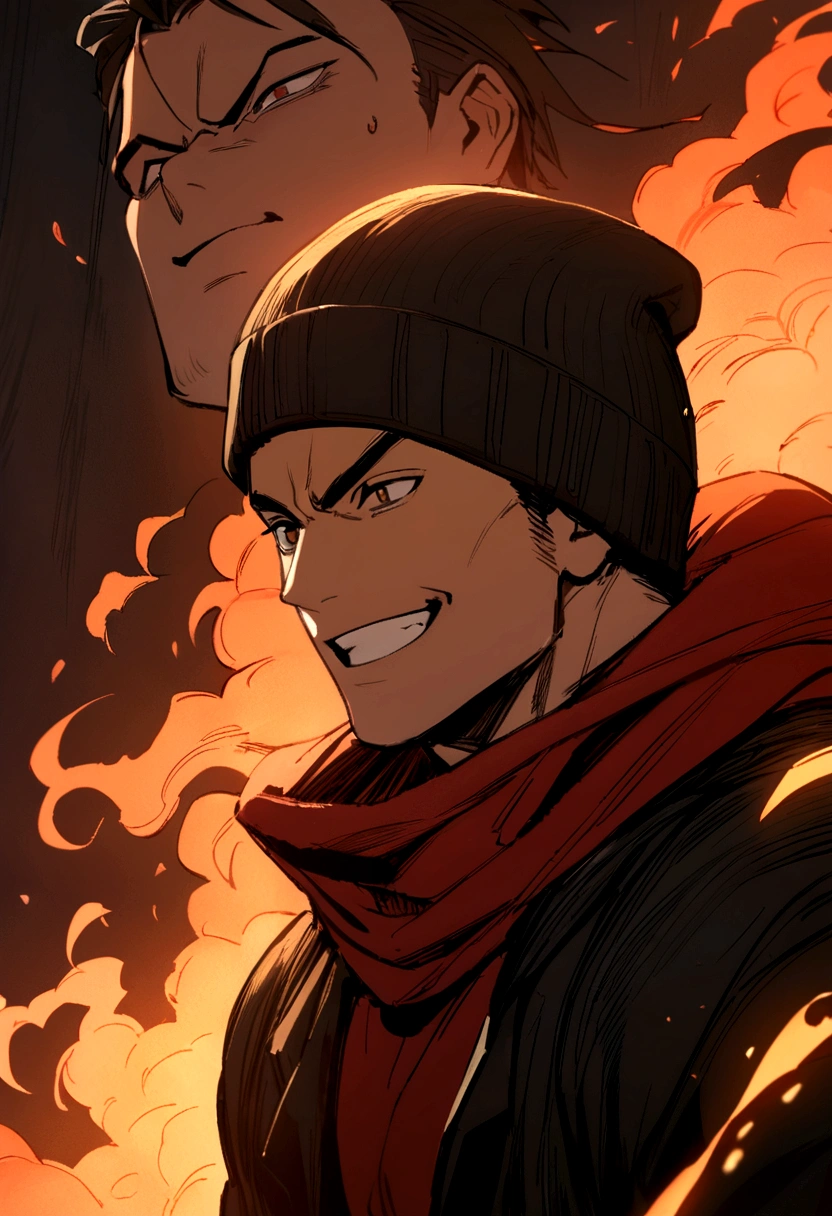 A boy (muscular man with short black hair without a hat and with a red shirt) and at his side another boy (medium long brown hair has a black beanie hat, he has black clothes) and they are both in a background of fire, both of them have an angry face, smiling. 