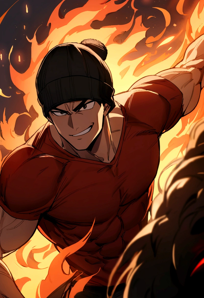 A boy (muscular man with short black hair without a hat and with a red shirt) and at his side another boy (medium long brown hair has a black beanie hat, he has black clothes) and they are both in a background of fire, both of them have an angry face, smiling. 
