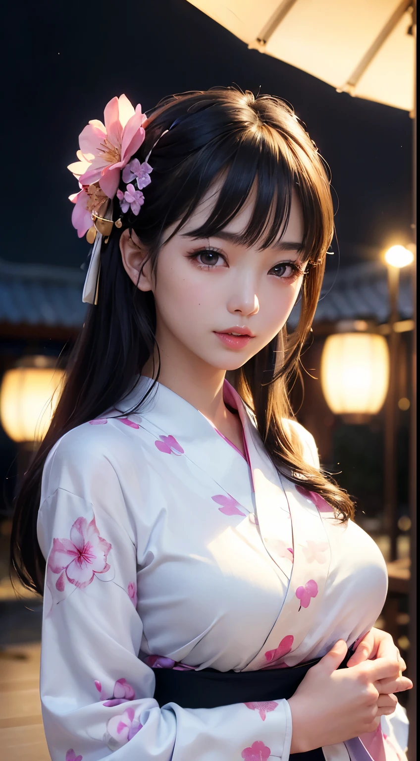 (logo、masterpiece、8K、Tabletop、RAW Photos、wonderful、最high quality、フォトリアリスティックでVery detailedな CG 複合 8K 壁紙、high quality、Very detailed、Narrative poem、Particle Effects、Dynamic Effects、Depth of the Boundary、Cinematic Light、Lens flare、Ray Tracing）、 (One beautiful woman wearing a yukata、White yukata、Light purple pattern)、Black-haired、High definition skin、Very fine、Fine skin texture、Beautiful Face、True Face、Beautiful details in the eyes、Realistic eyes、Beautifully detailed eyes、Realistic Skin、Beautiful Skin、Surreal、Smiling Eyes、Hair and light eyes、vivid、Colorful lights and bokeh、plump lower lip、Pink Lips、Hair flutters in Wind、Hair bounces、wonderful景色、night、evening、Wind、moonlight、moonlight、light
