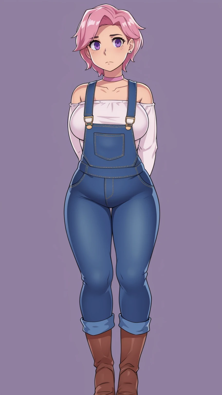 Exposed breasts, small pink nipples, nervous(Pale skin:1.1)sad, farm backround, Full body, looking at viewer, 1girl, solo, short pink hair, (dark blue choker), (dark blue denim overalls), (purple eyes), (pink boots), (white shoulder lantern sleeve blouse, tucked in pants