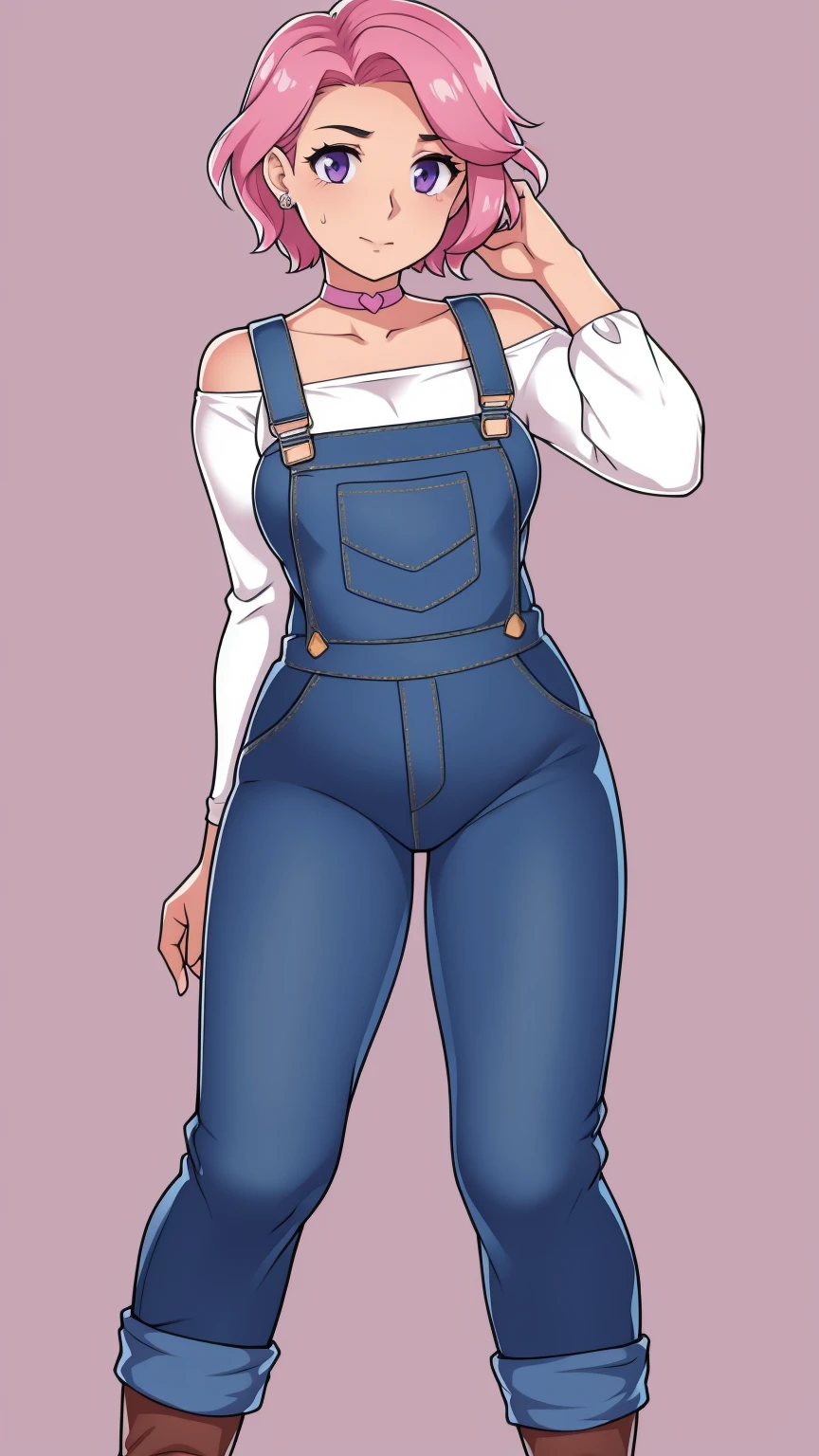 Exposed breasts, small pink nipples, nervous(Pale skin:1.1)sad, farm backround, Full body, looking at viewer, 1girl, solo, short pink hair, (dark blue choker), (dark blue denim overalls), (purple eyes), (pink boots), (white shoulder lantern sleeve blouse, tucked in pants