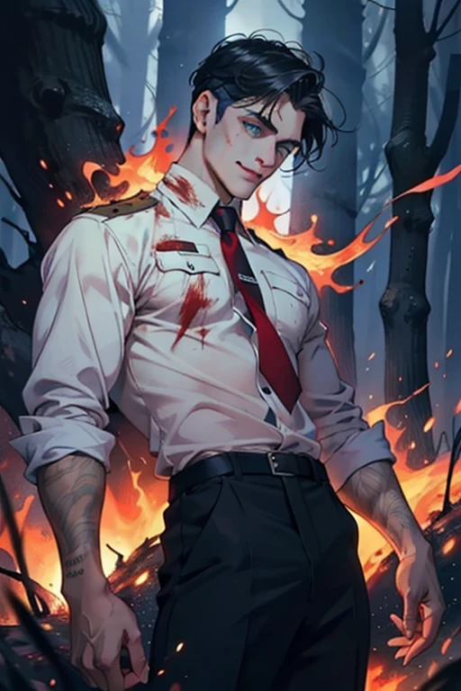 20 year old man, rubio, blue eyes, handsome, with delicate but masculine features, marked jaw, psychopathic smile, seductive, stained with blood and in the background a forest on fire