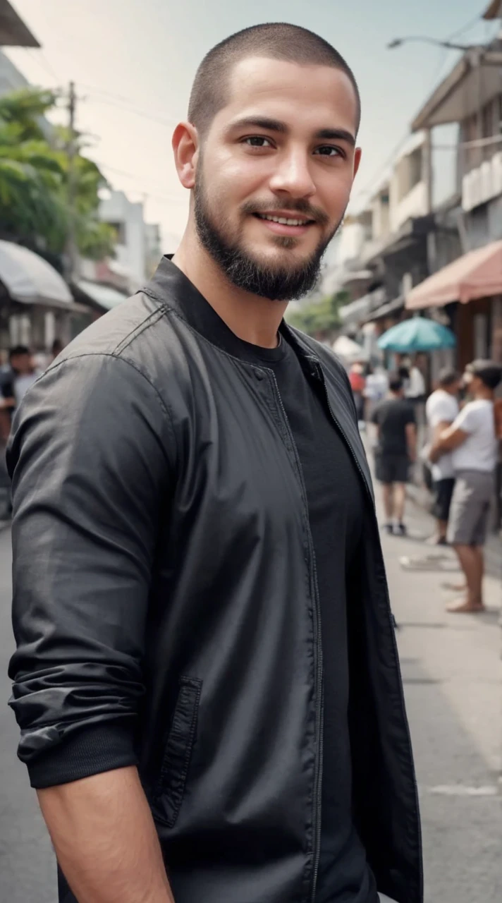 (detailed)(Best Quality) creates a pregnant man, crystal black eyes, luminous buzz cut and short beard, sitting on a bed, shy, blushing, masculine traits, loose tshirt.