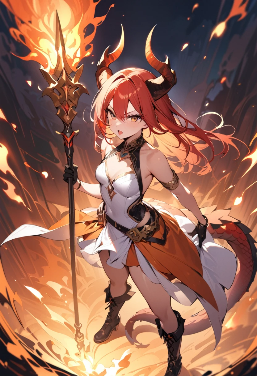 (masterpiece:1.2), (highest quality:1.2), 1girl, fire, solo, holding, tail, weapon, horns, polearm, holding-weapon, dragon-tail, dragon-girl, orange-hair, gloves, dress, holding-polearm, dragon-horns, white-dress, spear, looking-at-viewer, black-gloves, standing, bare-shoulders, full-body, red-hair, bangs, open-mouth, armlet, breasts, brown-eyes, scales, small-breasts, black-footwear, fiery-hair, hair-between-eyes, sleeveless, skirt, sleeveless-dress, jewelry, v-shaped-eyebrows, boots, orange-skirt
